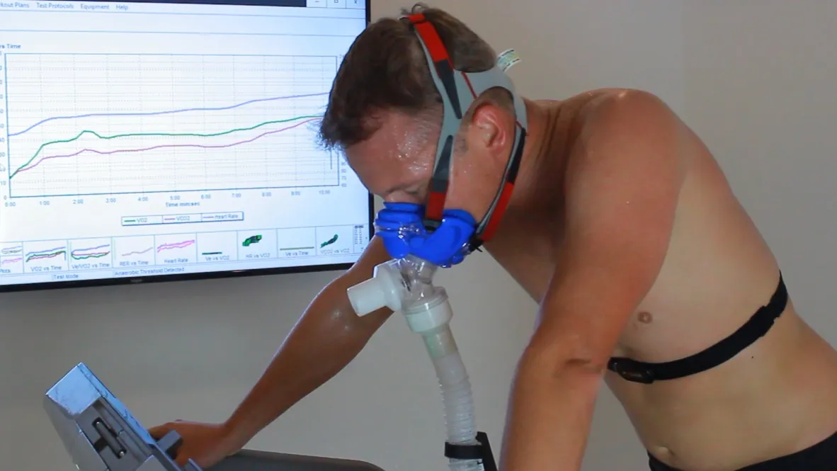 VO2 max testing in progress at Aevum Health, Sutherland Shire — athlete on treadmill with mask